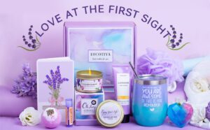 【Thoughtful Gift Basket for Women】❥The set includes a range of items that are designed to pamper and relax, such as quality wine tumbler, scented candle, heart-shape soap, moisture and nourish product for hands and lips, lavender bath bomb, shower loofah and dry-flower greeting card. Each item has been carefully selected for its quality and uniqueness, ensuring that every piece is a delight to use and enjoy.